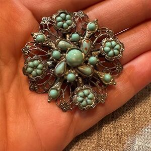 Vintage Silver Floral Brooch with Faux Turquoise Cabochons 1.75”